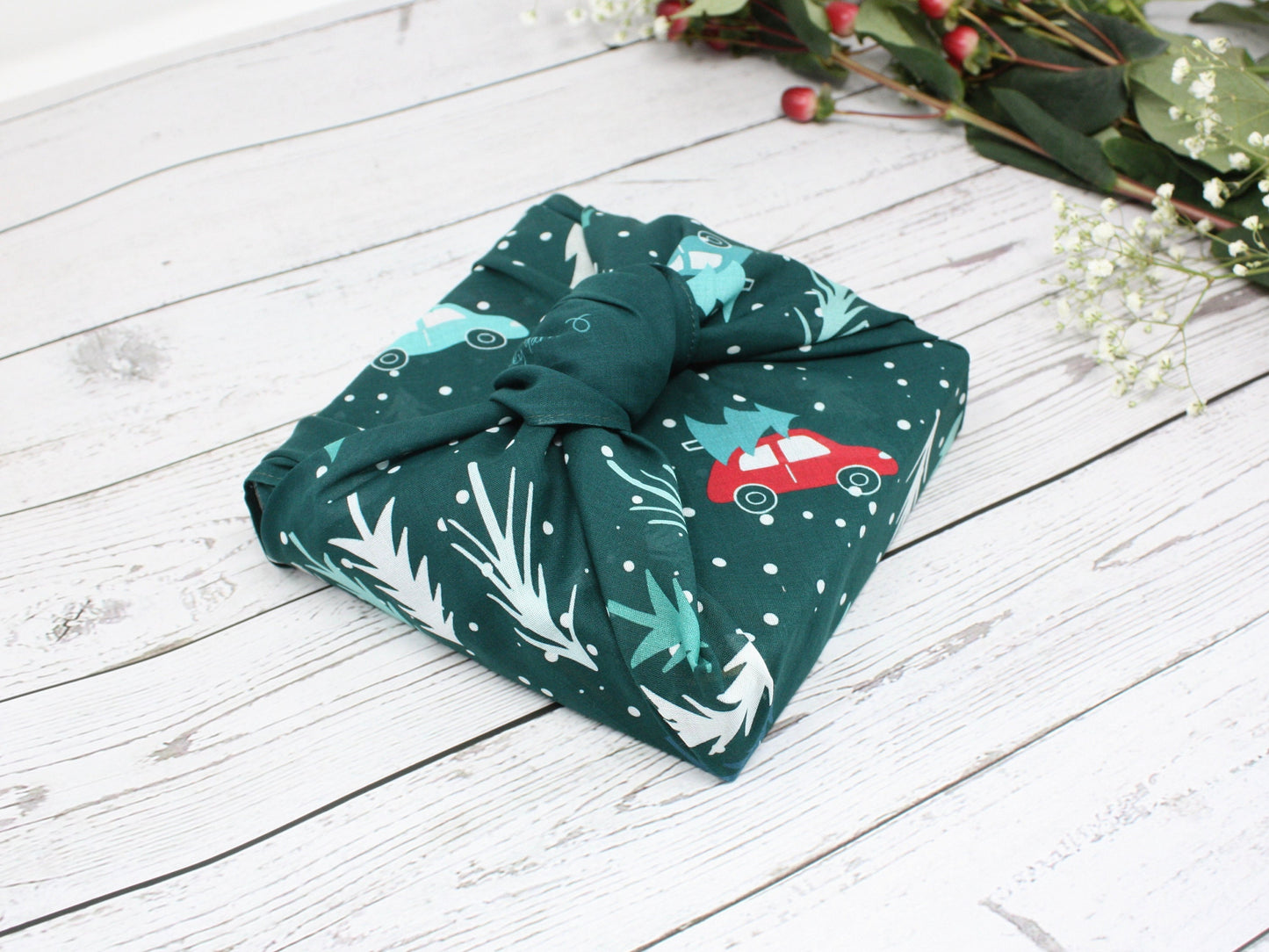 Set of 4 Christmas furoshiki fabric wraps 53cm - pine green