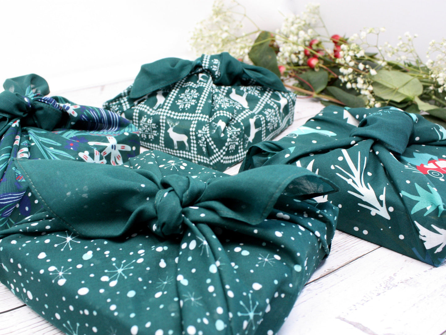 Set of 4 Christmas furoshiki fabric wraps 53cm - pine green