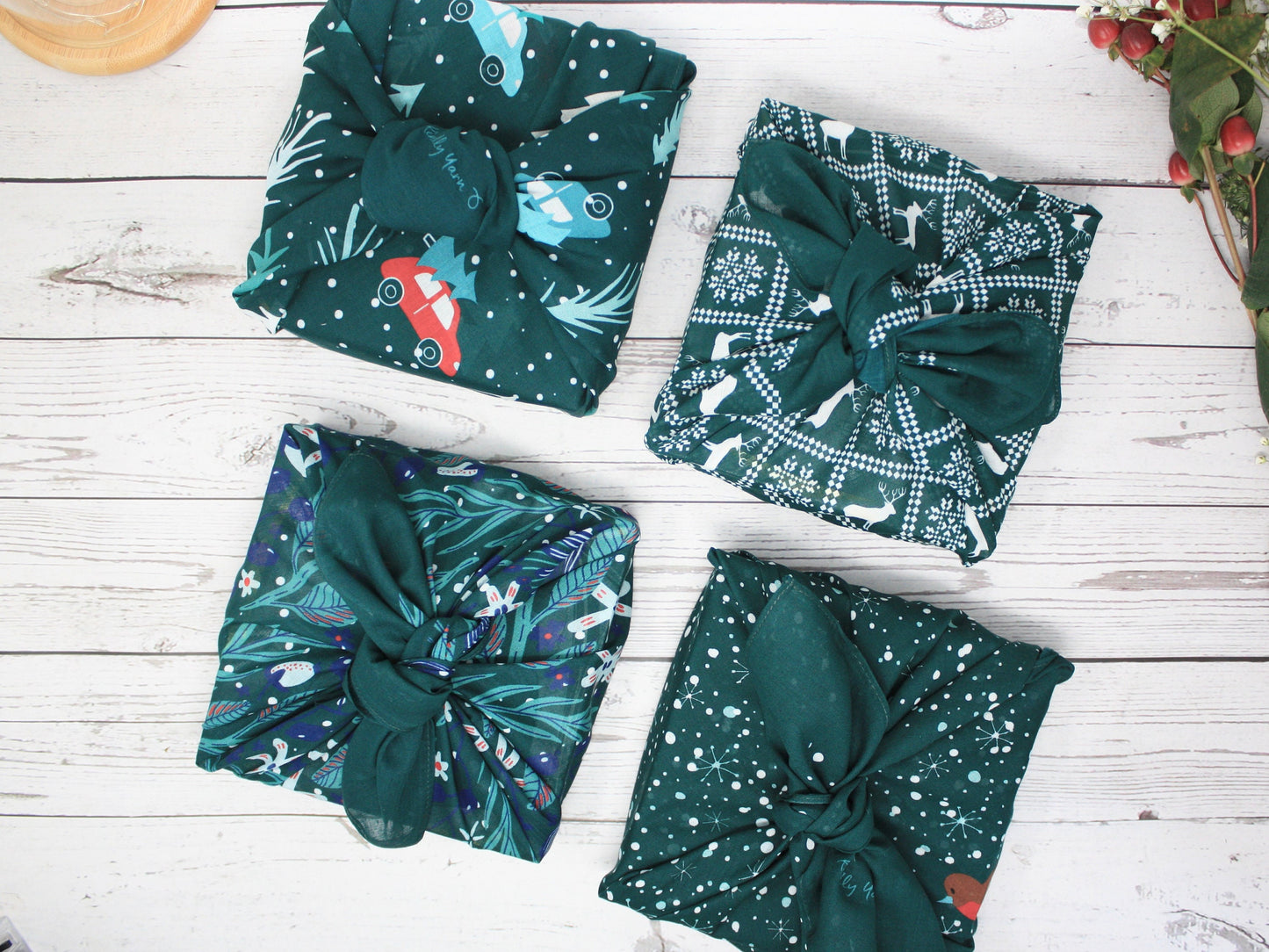 Set of 4 Christmas furoshiki fabric wraps 53cm - pine green