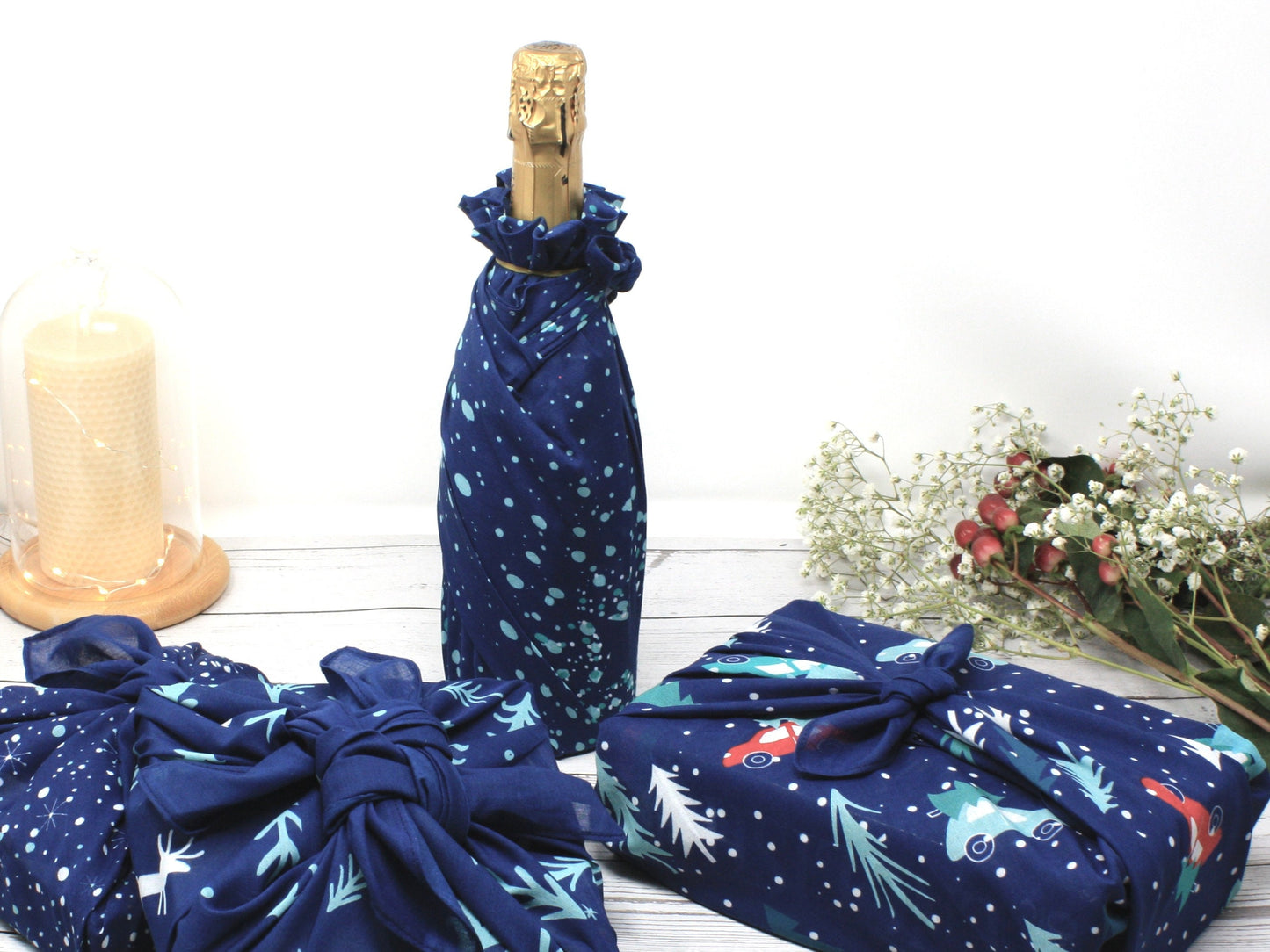 Set of 4 Christmas furoshiki fabric wraps  - midnight blue