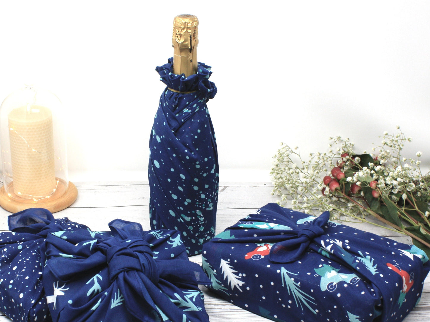 Set of 4 Christmas furoshiki fabric wraps - midnight blue