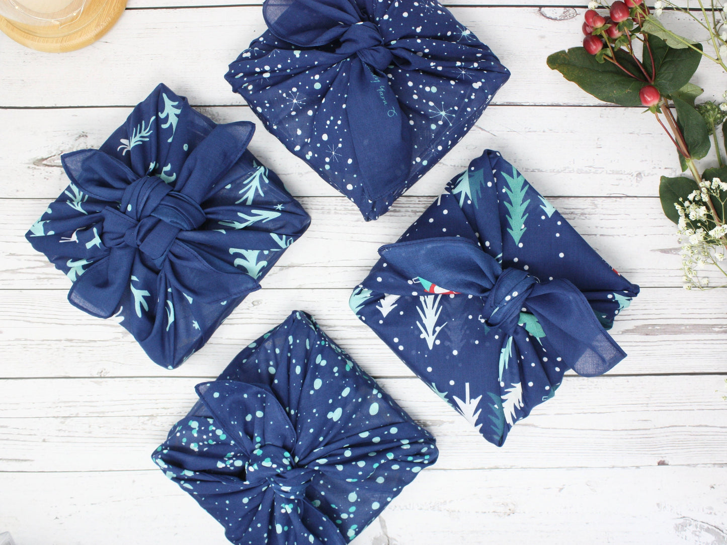 Set of 4 Christmas furoshiki fabric wraps - midnight blue
