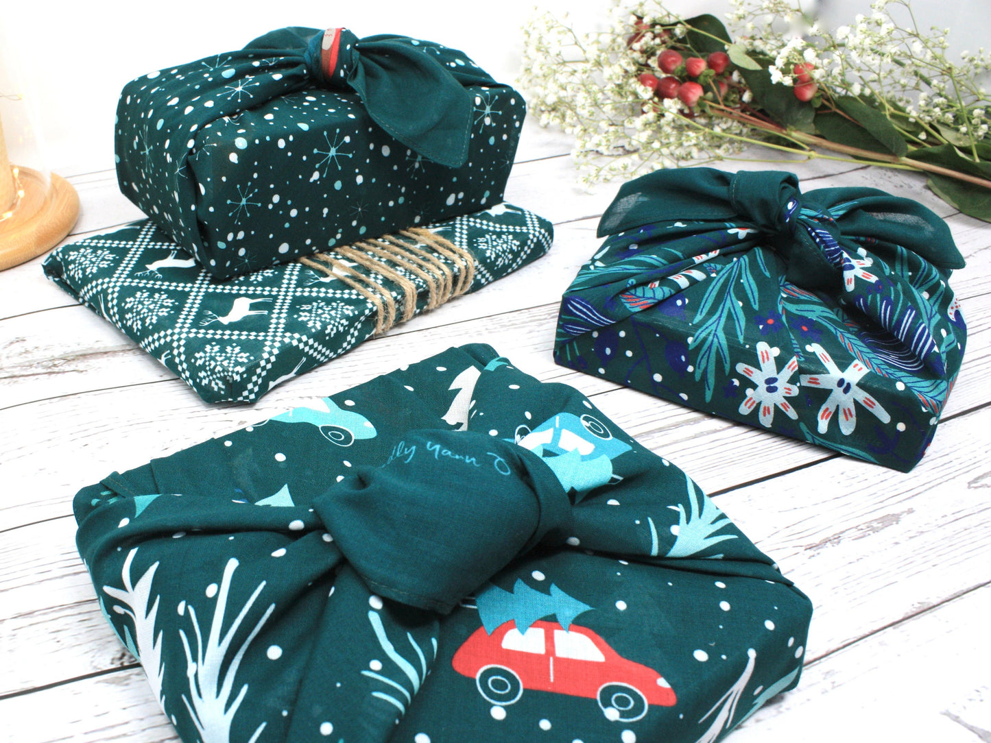 Set of 4 Christmas furoshiki fabric wraps 53cm - pine green
