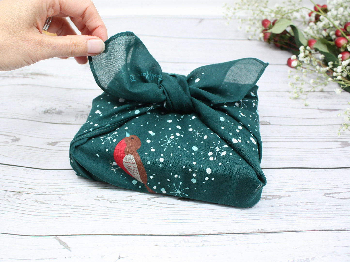 Set of 4 Christmas furoshiki fabric wraps 53cm - pine green