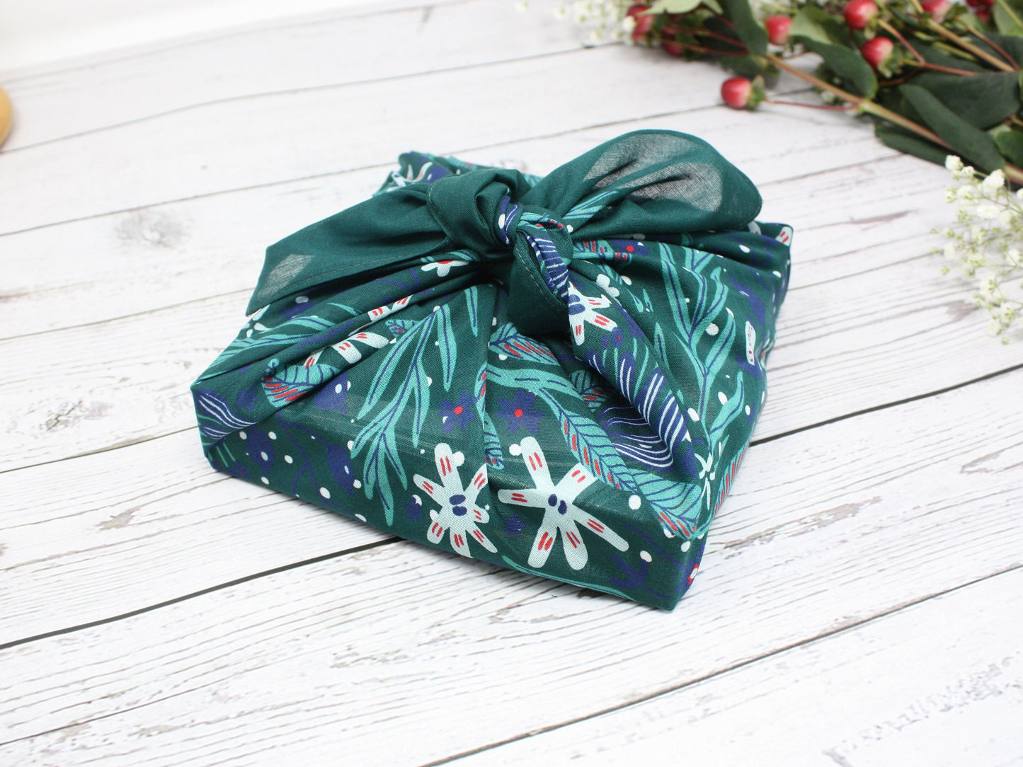 Set of 4 Christmas furoshiki fabric wraps 53cm - pine green