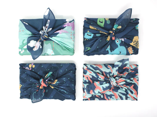 Set of 4 kids reusable fabric gift wrap - medium 53cm