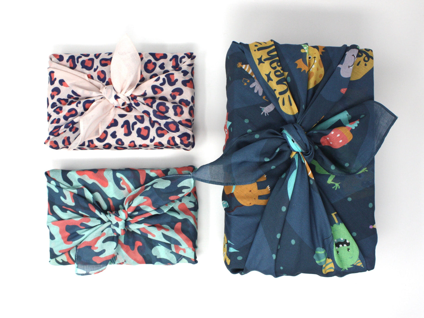 Set of threee kids furoshiki - large and medium reusable gift wraps
