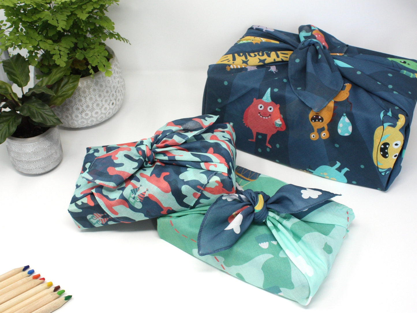 Kids furoshiki set of 3 - large and medium reusable gift wraps