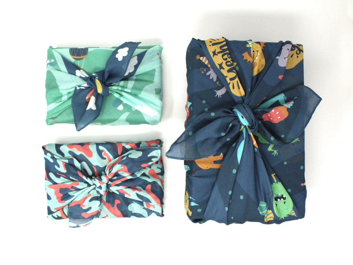 Kids furoshiki set of 3 - large and medium reusable gift wraps