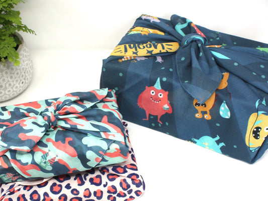 Set of threee kids furoshiki - large and medium reusable gift wraps