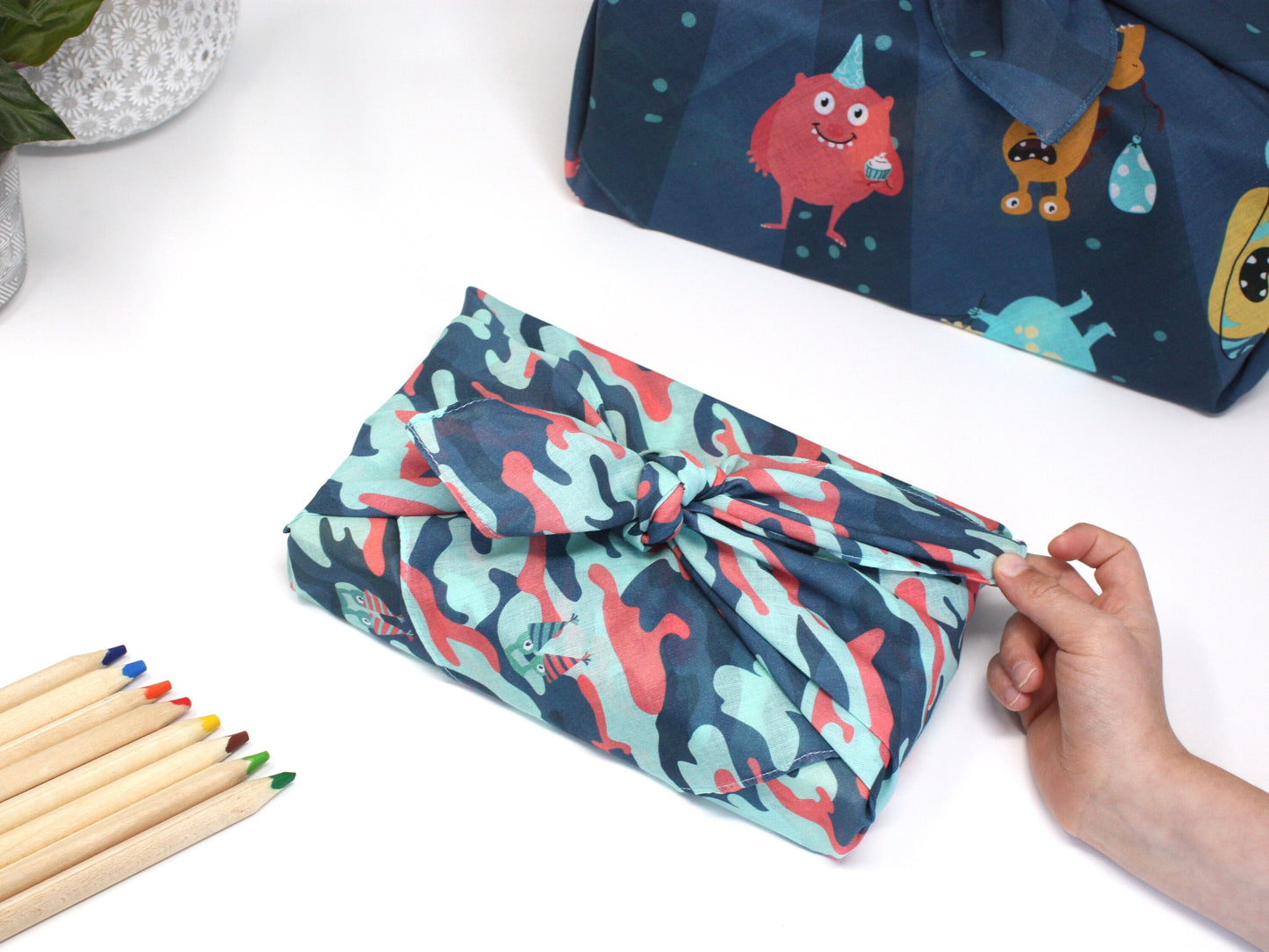 Set of threee kids furoshiki - large and medium reusable gift wraps
