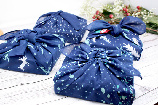 Set of 4 Christmas furoshiki fabric wraps  - midnight blue