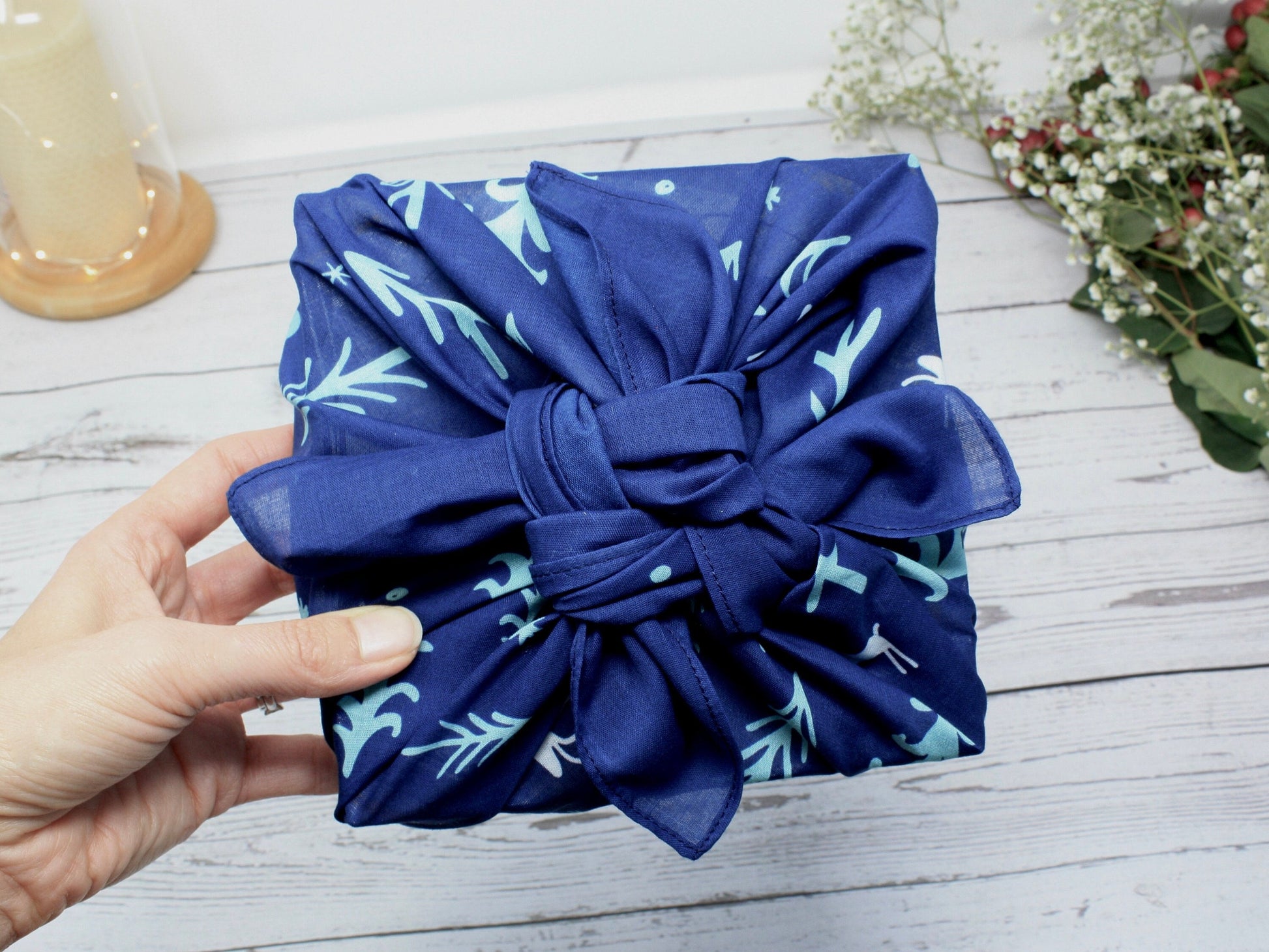 Navy Star, Reusable Fabric Gift Wrap with Ribbon